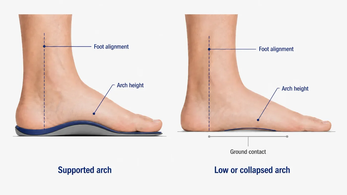A foot with its arch supported beside a foot with a low, collapsed arch