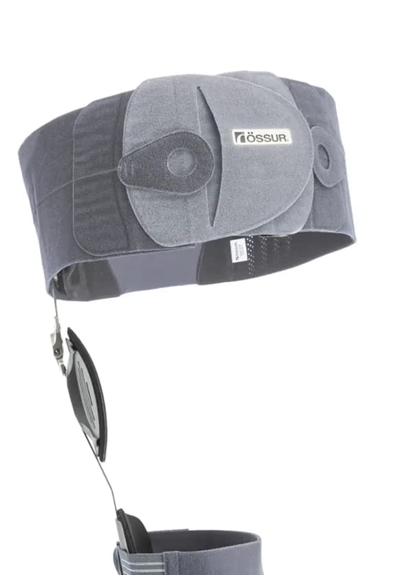 An Össur hip brace: a padded belt for the waist joined by a hinged strut to a strap for the thigh
