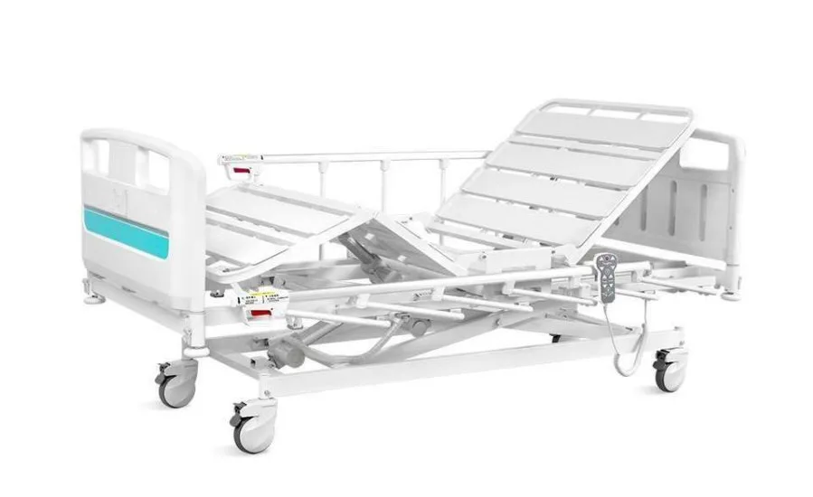 An electric hospital bed with its backrest and knee rest raised