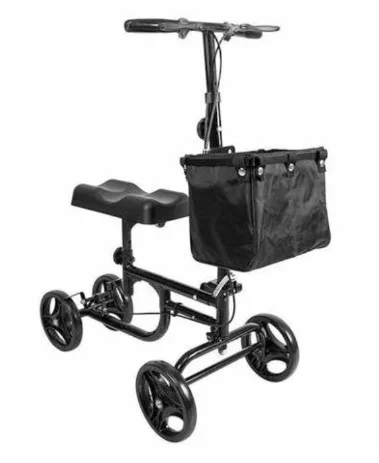 A knee walker with a padded knee rest, handlebar and basket