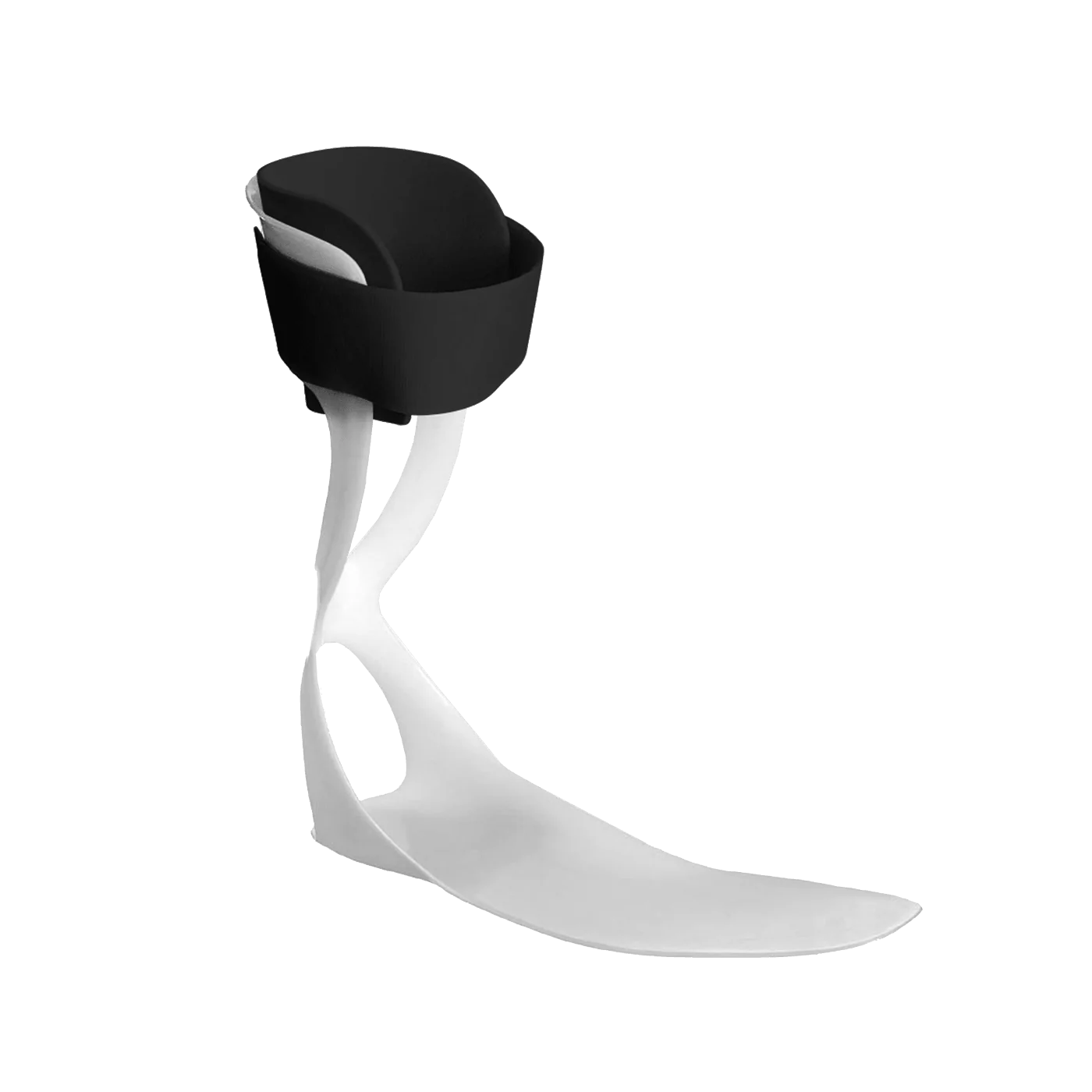 Össur AFO Leaf Spring: a white plastic foot plate and upright with a black calf strap