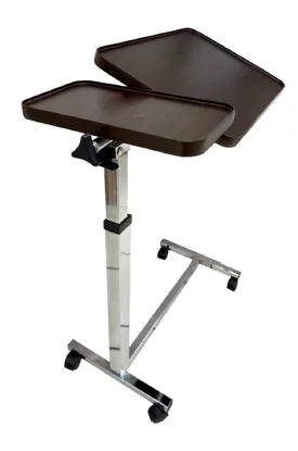 An over-bed table with a split top