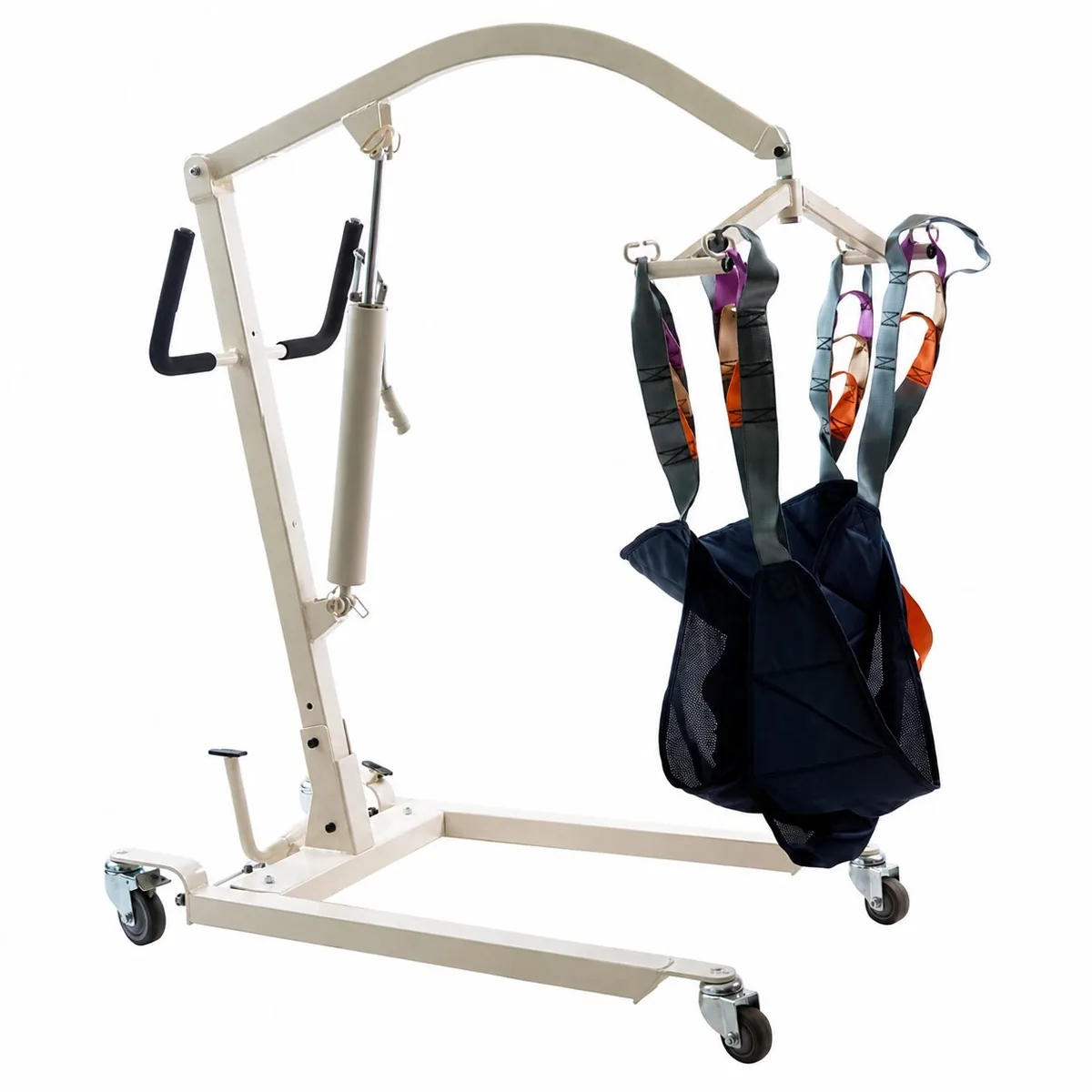 A patient hoist on a wheeled frame
