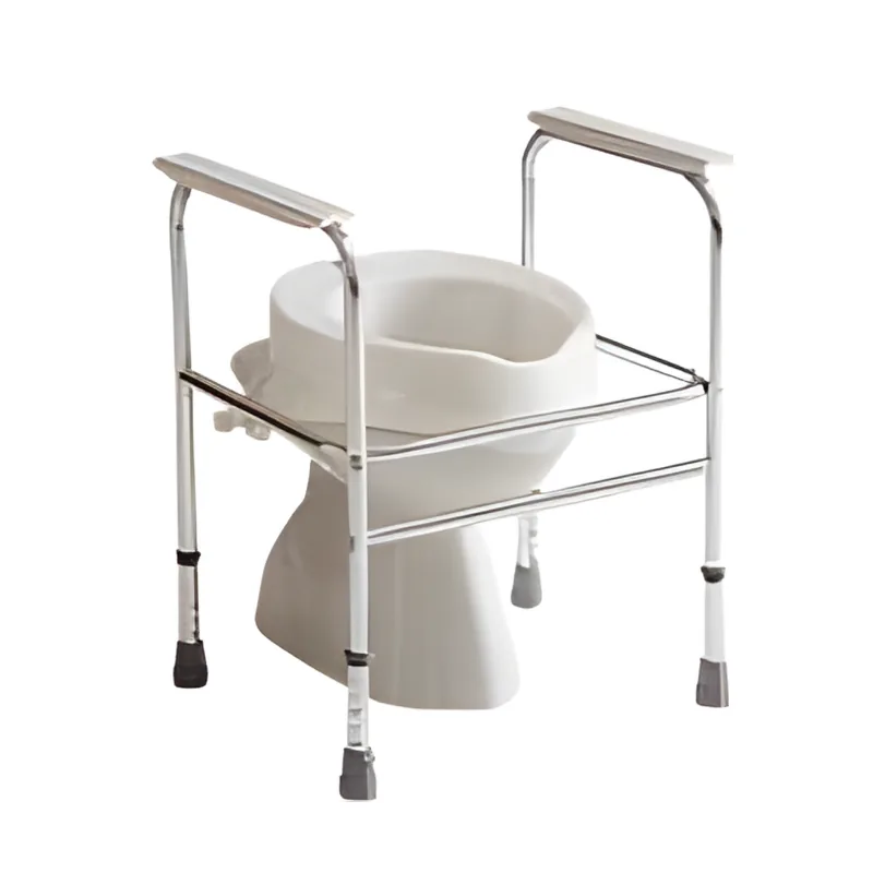 A toilet frame with an armrest on each side